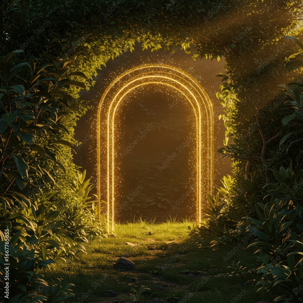 Obraz premium A glowing portal framed by lush greenery in a mystical forest with a path leading through it