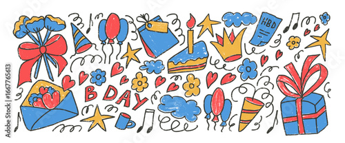 Happy birthday party crayon drawn set. Celebration Bday colorful doodle isolated on white background. Gift, confetti, cakes with balloons for festive. Vector scribbles elements illustration by pencil.