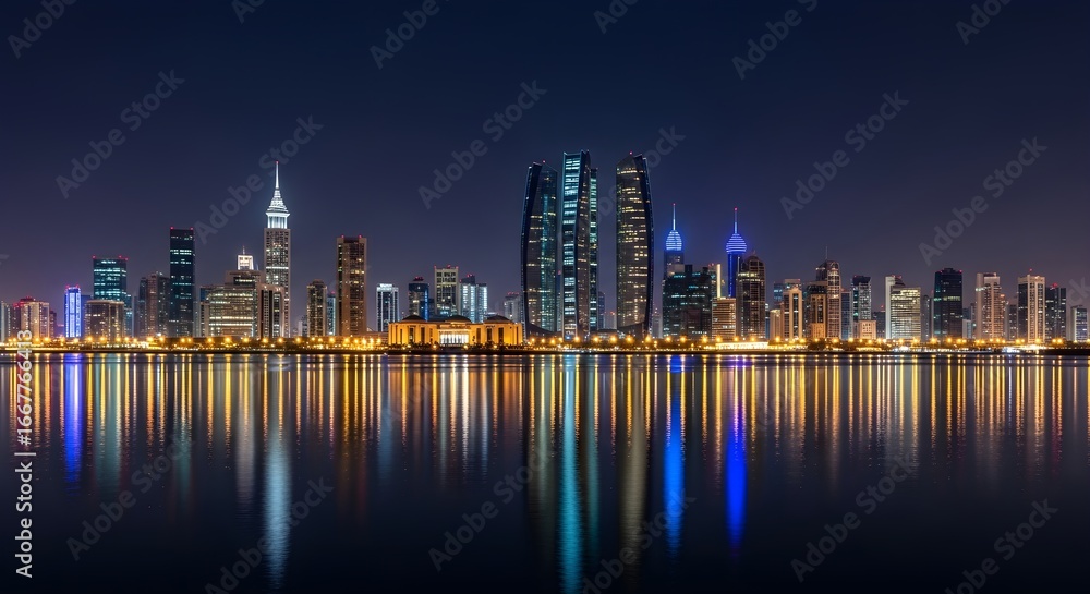 Fototapeta premium Night Skyline, Cityscape Reflection, Modern Architecture, Urban Lights.