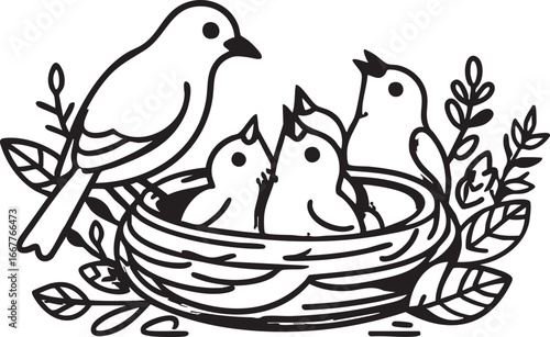 Bird nest vector illustration: mother bird and baby birds clipart, black and white outline eps silhouette