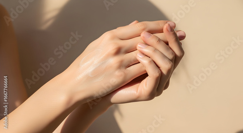 Close-up of woman applying moisturizing hand cream on her skin with sunlight creating a soothing