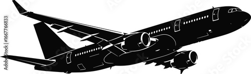 Commercial airplane silhouette, jet airliner vector, aviation travel icon, passenger aircraft illustration, flight concept, airline transport, aviation design, isolated black graphic