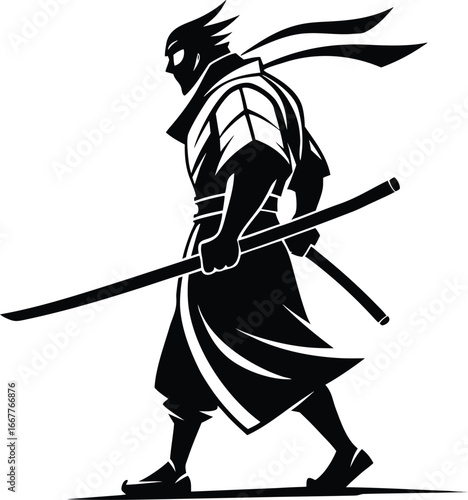 silhouette of samurai walking with katana over shoulder