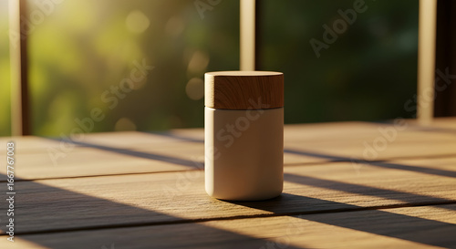 Minimalist reusable cup on wooden table with soft sunlight and natural background showcasing