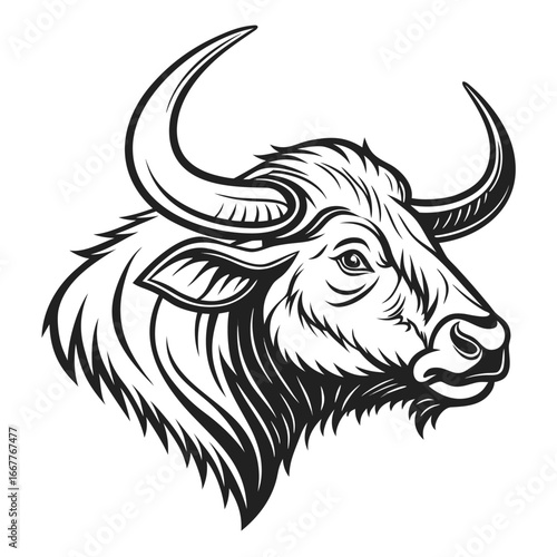 Detailed black and white illustration of a buffalo head, profile view.