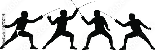 Fencing silhouettes, sword fighting sport, foil épée sabre illustration, duel concept, combat stance, protective gear, martial art, competition scene, isolated vector graphic
