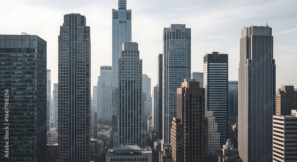Obraz premium Cityscape marvels showcasing imposing skyscrapers against a soft sky backdrop