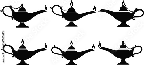 Magic oil lamp silhouettes, Aladdin genie vector, mystical object illustration, Arabian folklore design, fantasy artifact graphic, wish symbol, enchanted item, isolated artwork