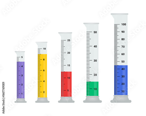 Set of Graduated Cylinders vector illustration. Measuring cylinder with liquids laboratory instruments. Tube vector glass chemistry on a white background.