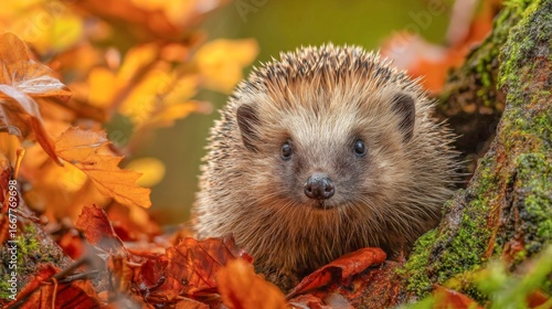 Autumn animal wildlife background - A cute hedgehog autumnal leaves landscape backdrop