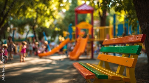 Fototapeta Naklejka Na Ścianę i Meble -  playground equipment in public park with wooden bench and blurred children playing outdoors in summer