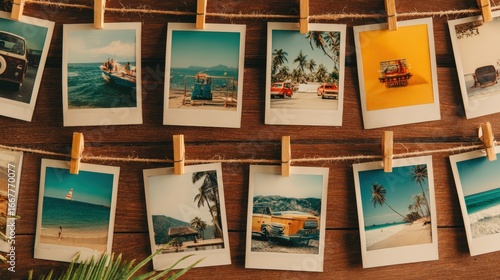 Nostaic Polaroid photos hanging on st with wooden clothespins in tropical beach setting
