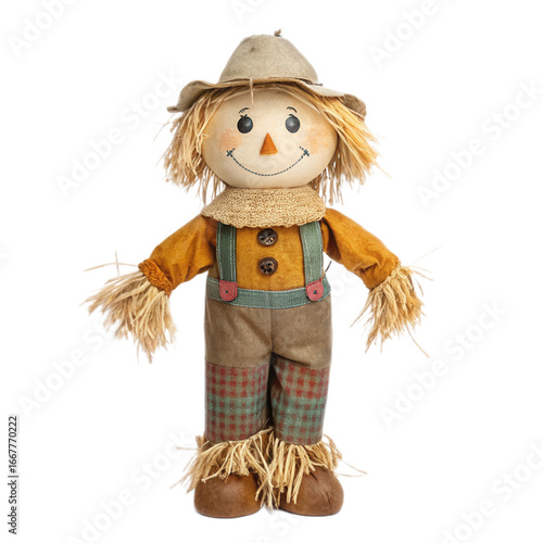 scarecrow doll autumn decoration straw hat smiling face rustic clothing cute festive. halloween concept. transparent background  