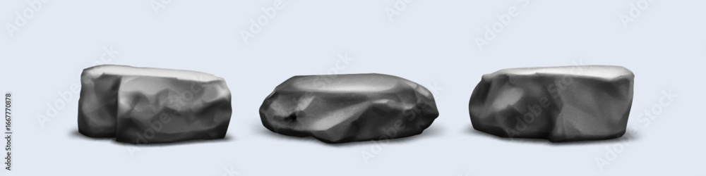 Obraz premium Grey stone podium rock platforms with rough carved surfaces and angular edges isolated on background for display. Natural pedestal with different shapes and realistic textures for product presentation