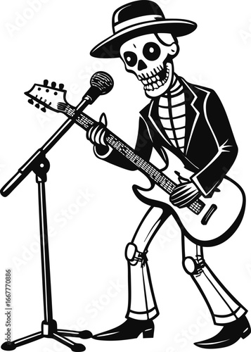 skeleton guitarist performing solo with microphone