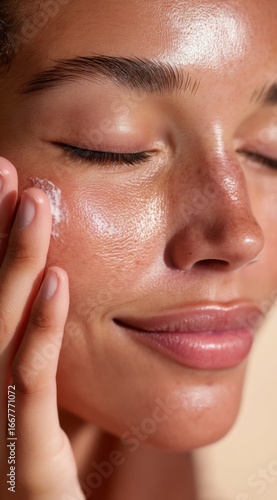 A close-up of a woman applying skincare cream to her face, showcasing a radiant complexion and healthy skin texture, highlighting self-care and beauty routines.