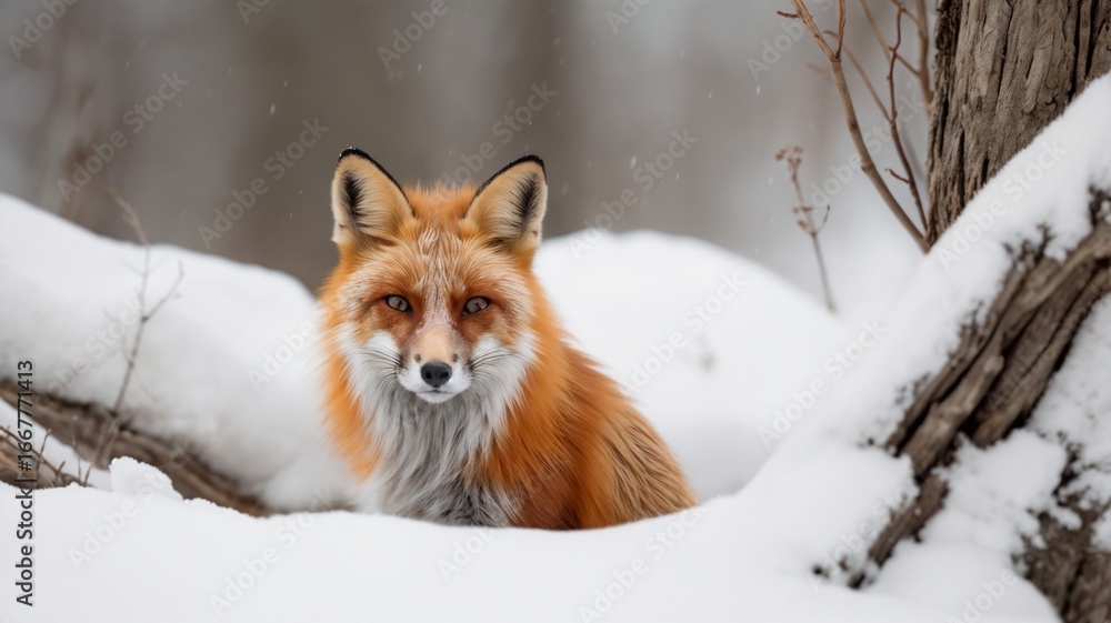 Fototapeta premium Curious red fox peeking from snowy den with steam in cold white landscape