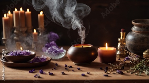 Aromatherapy Incense & Crystals on Wooden Surface – Serene Wellness Setup