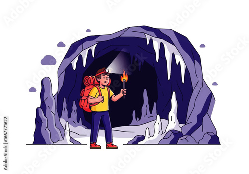 Person with a torch explores a cave with stalactites and stalagmites. Perfect for adventure, exploration, spelunking, nature, and mystery concepts.