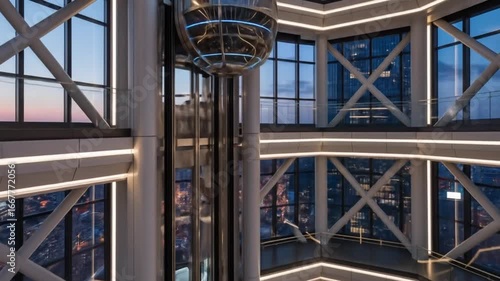 Modern glass elevator moves between floors in a high-rise building with city skyline at dusk