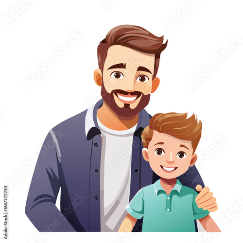 A cheerful cartoon illustration depicting a smiling father with his arm around his happy young son's shoulder.