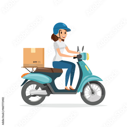 A cheerful cartoon woman in a helmet rides a blue scooter with a package on the back, illustrating a delivery service.