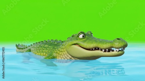 Animated crocodile character swimming and displaying various facial expressions in water against green screen