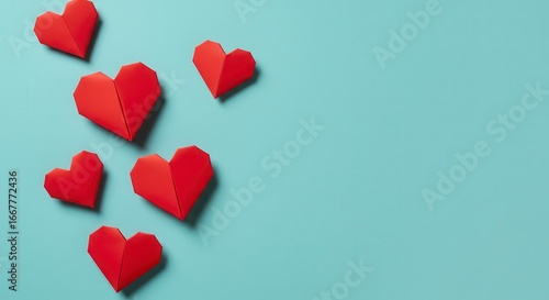 Playful floating origami hearts on pastel cyan – whimsical love concept for greeting cards and social media ads in 8K.