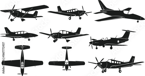 Small aircraft silhouettes, general aviation plane vector, propeller airplane illustration, flight concept, aviation design, pilot training, air transport, isolated black graphic