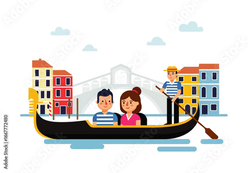 Romantic gondola ride in venice captures couple with gondolier. Suitable for travel, romance, vacation, venice, gondola, italian themes.