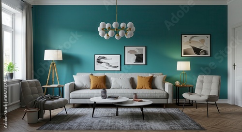 Elegant Scandinavian living space with teal feature wall and soft daylight – high-end interior stock scene in crisp 8K.