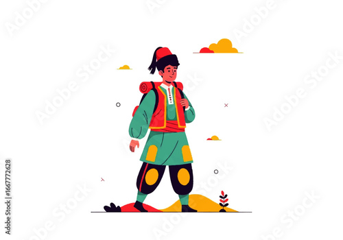 Man in traditional clothing with backpack in colorful landscape. Suitable for travel, cultural, adventure, tourism, and ethnicthemed designs.