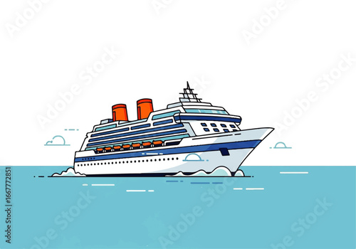 Large cruise ship navigating through the open ocean, perfect for travel brochures, vacation websites, and cruise industry marketing materials.