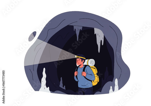 Man with a headlamp and backpack exploring inside a dark cave. Suitable for adventure, exploration, hiking, and spelunking concepts.