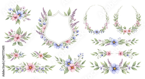 Elegant Watercolor Floral Ornaments Set Featuring Delicate Pastel Flowers and Greenery for Wedding Invitations and Decorative Design Projects