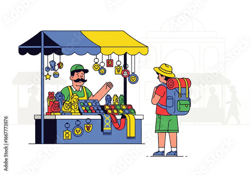 Merchant sells trinkets to a backpacker near an architectural structure in an illustration. Suitable for travel brochures or blogs.