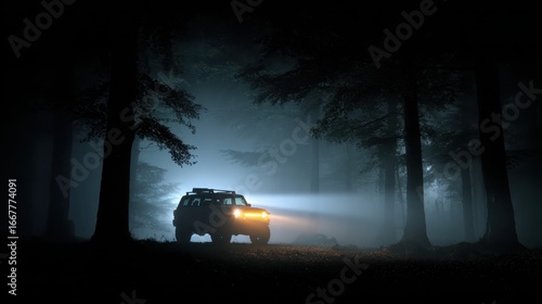 Off-Road Vehicle Illuminating Foggy Forest at Night with Bright Headlights