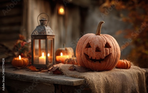 A Spooky Halloween Scene Featuring a Carved Pumpkin Lantern Surrounded by Autumn Decor and Soft Candlelight on a Rustic Table