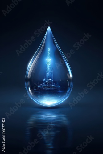 Oil Rig Encapsulated: Water Drop with Industrial Structure, Blue Tones