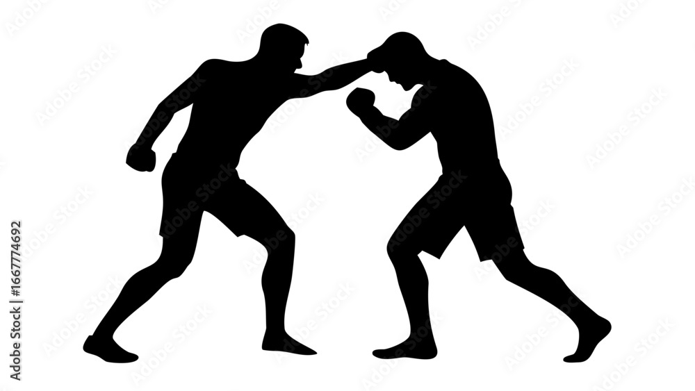 Obraz premium Shadow Boxing: Two male figures engage in a dynamic boxing match, silhouetted against a stark background, their movements frozen in a powerful, action-packed moment.