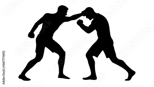 Shadow Boxing: Two male figures engage in a dynamic boxing match, silhouetted against a stark background, their movements frozen in a powerful, action-packed moment.