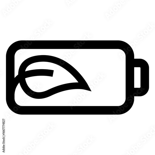 Logo energía renovable. Icono pila eléctrica con hoja de planta con líneas	