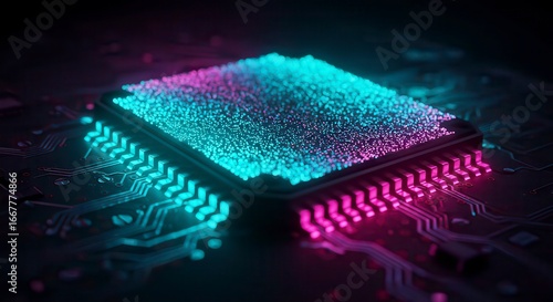 Neon-lit AI microchip with holographic circuits symbolising future technology.