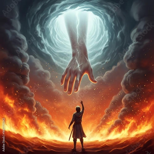 Divine intervention, reaching hand, fiery backdrop