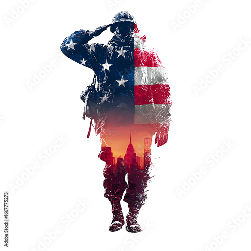 Patriotic soldier silhouette with American flag double exposure, military tribute graphic, red white blue USA freedom design PNG