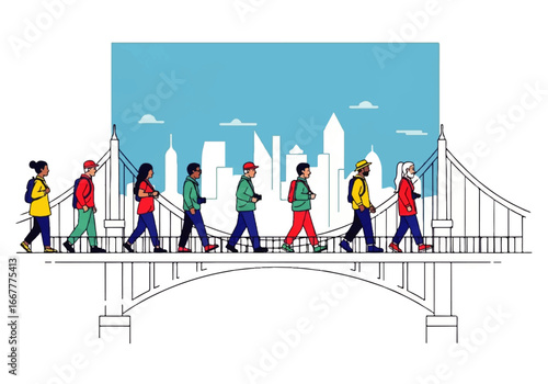 Diverse group crossing a bridge to a city. Ideal for marketing campaigns, diversity posters, travel brochures, and city lifestyle articles.