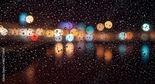 Raindrops streak a window framing dreamy nocturnal city bokeh.