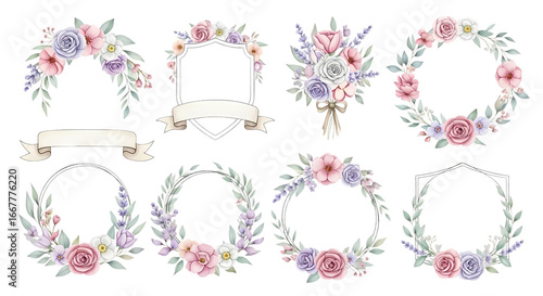 Watercolor Floral Frames and Elements Collection for Wedding Invitations, Greeting Cards, and Decorative Design Projects
