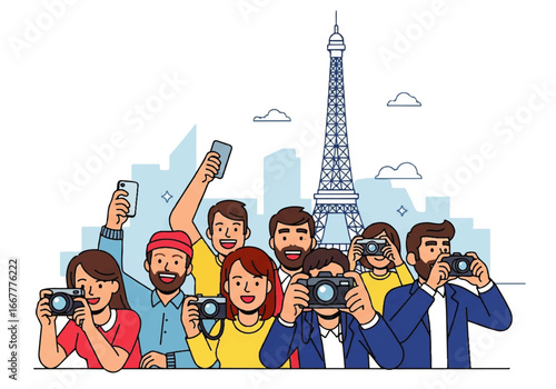 Tourists capture the eiffel tower in the paris skyline with cameras. Suitable for travel guides, postcards, and websites.
