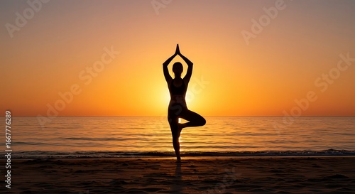 Graceful yoga silhouette embodies dawn serenity on the shore.